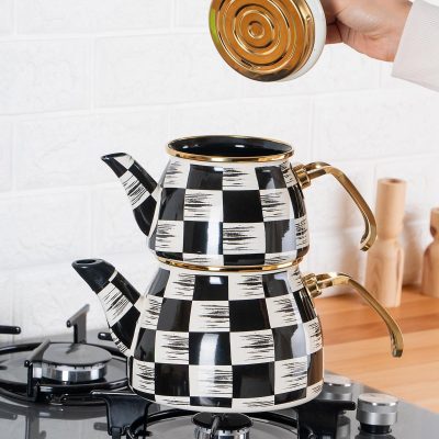 خرید و قیمت کتری قوری لعابی طرح شطرنجی آجار XAP-06375