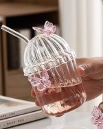 خرید و قیمت لیوان اسموتی پیرکس نی دار طرح پروانه وارداتی