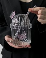 خرید و قیمت لیوان اسموتی پیرکس نی دار طرح پروانه وارداتی