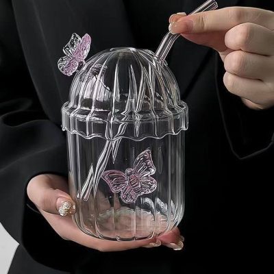 خرید و قیمت لیوان اسموتی پیرکس نی دار طرح پروانه وارداتی