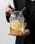 خرید و قیمت لیوان اسموتی پیرکس نی دار طرح پروانه وارداتی