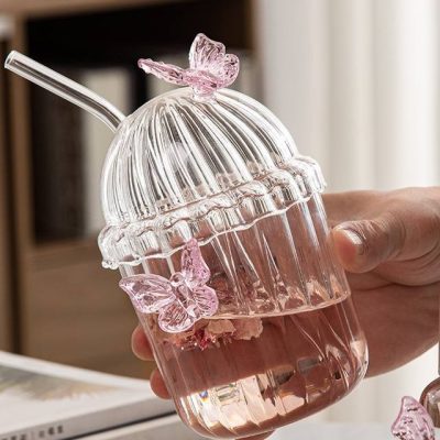 خرید و قیمت لیوان اسموتی پیرکس نی دار طرح پروانه وارداتی